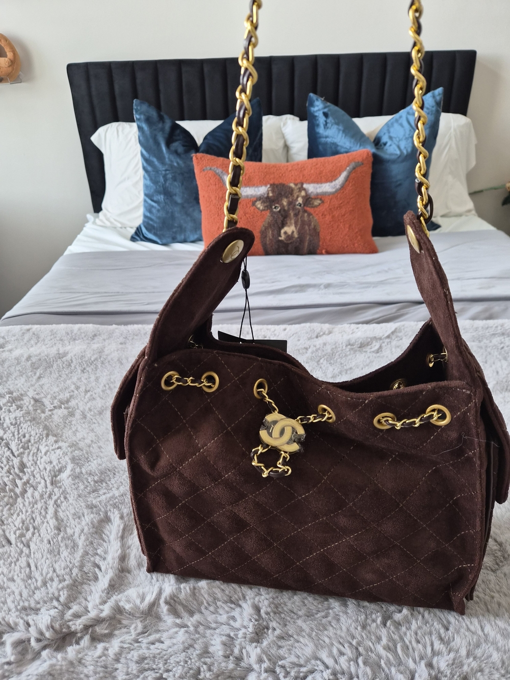 Quilted Brown Suede Chain Shoulder Bag